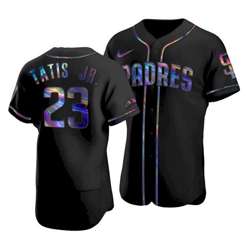 Men's San Diego Padres #23 Fernando Tatis Jr. 2021 Black Iridescent Logo Flex Base Stitched Baseball Jersey Men's San Diego Padres #23 Fernando Tatis Jr. 2021 Black Iridescent Logo Flex Base Stitched Baseball Jersey